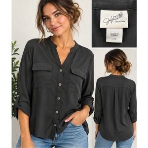 Jaclyn Smith Collection Charcoal Gray Silky Utility Blouse Roll Tab Sleeve Large
